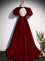 Wine Red Velvet Puffy Sleeves Long Party Dress, Wine Red Long Classy Prom Dress