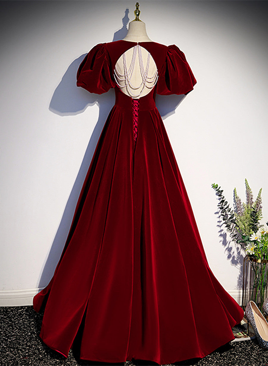 Wine Red Velvet Puffy Sleeves Long Party Dress, Wine Red Long Classy Prom Dress