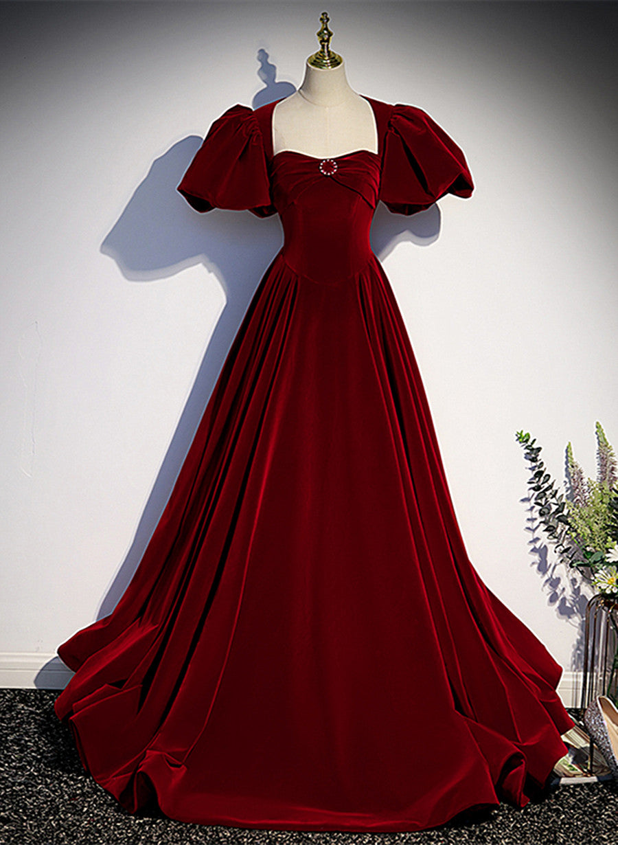 Wine Red Velvet Puffy Sleeves Long Party Dress, Wine Red Long Classy Prom Dress