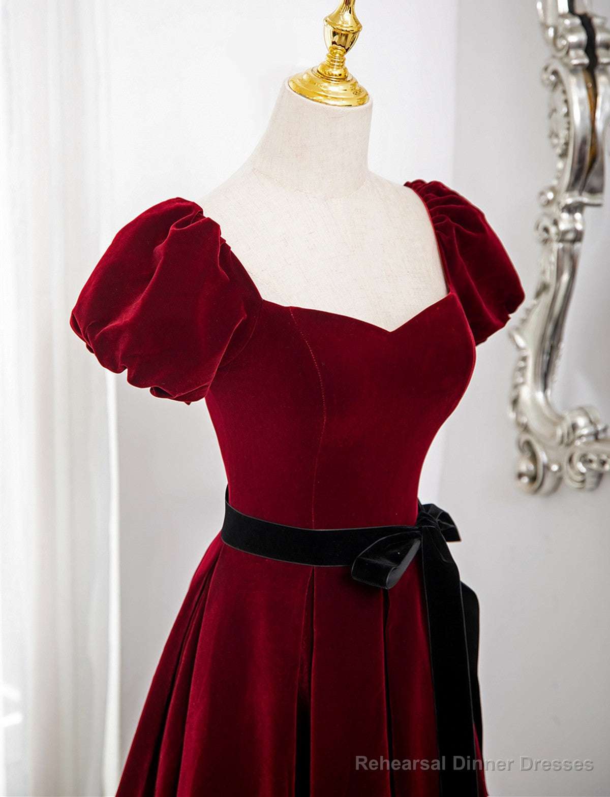Wine Red Velvet Short Sleeves A-line Prom Dress, Wine Red Long Party Dress Secondary image