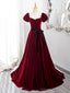 Wine Red Velvet Short Sleeves A-line Prom Dress, Wine Red Long Party Dress