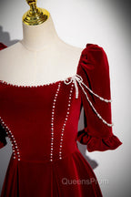 Wine Red Velvet Short Sleeves Long Evening Prom Dress, Wine Red A-Line Evening Dress