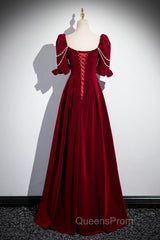 Wine Red Velvet Short Sleeves Long Evening Prom Dress, Wine Red A-Line Evening Dress