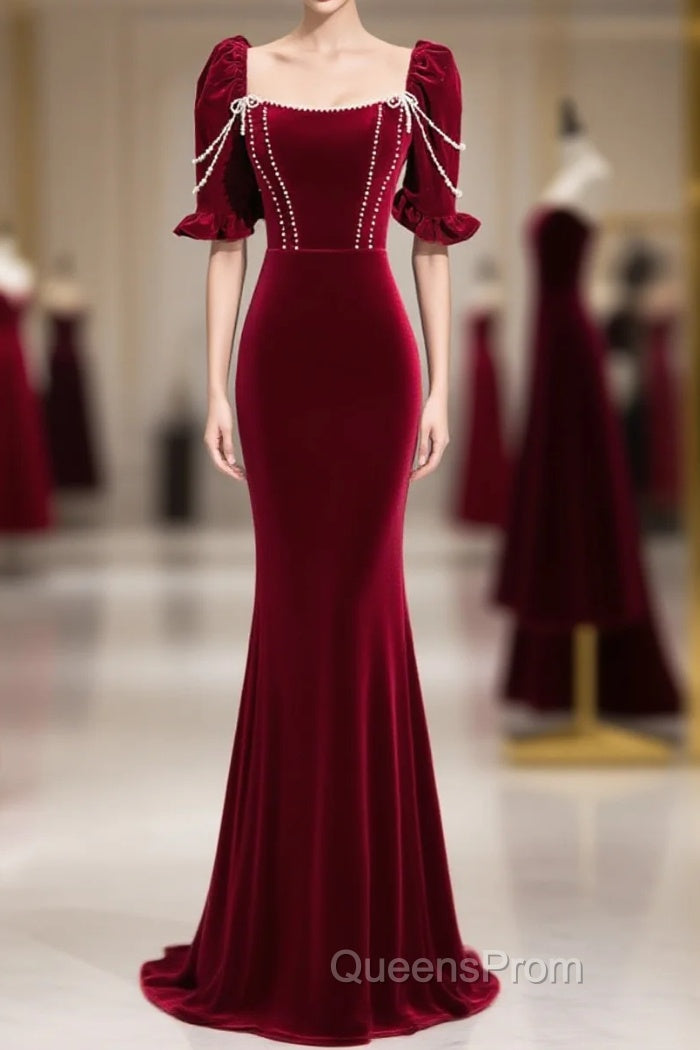 Wine Red Velvet Short Sleeves Long Evening Prom Dress, Wine Red A-Line Evening Dress Main image