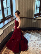 Wine Red Velvet Straps Layers Long Classy Dress, Wine Red Velvet Floor Length Classy Prom Dress