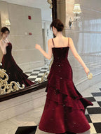 Wine Red Velvet Straps Layers Long Classy Dress, Wine Red Velvet Floor Length Classy Prom Dress