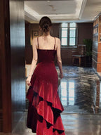 Wine Red Velvet Straps Layers Long Classy Dress, Wine Red Velvet Floor Length Classy Prom Dress