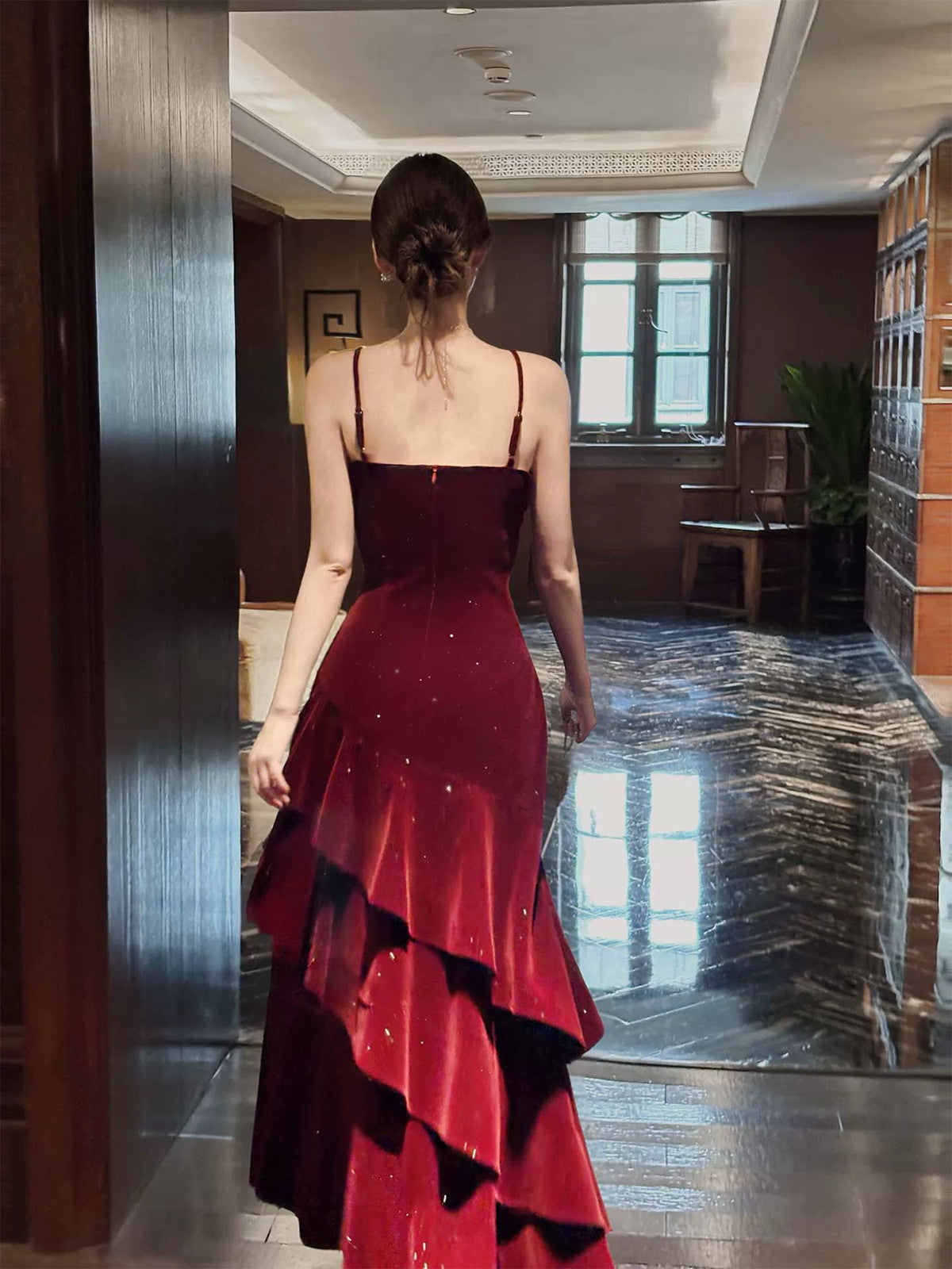 Wine Red Velvet Straps Layers Long Classy Dress, Wine Red Velvet Floor Length Classy Prom Dress