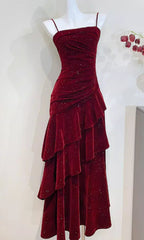 Wine Red Velvet Straps Layers Long Classy Dress, Wine Red Velvet Floor Length Classy Prom Dress