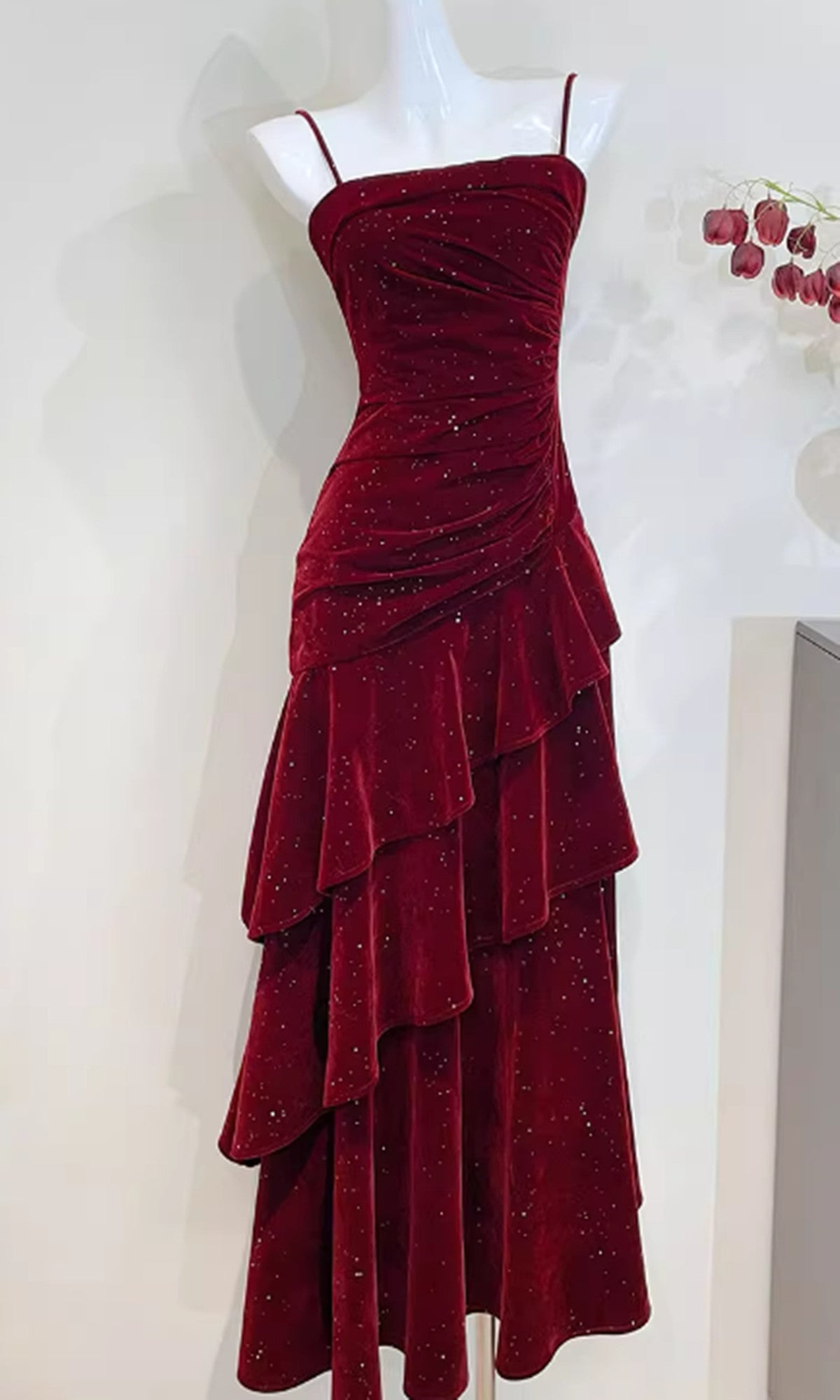 Wine Red Velvet Straps Layers Long Classy Dress, Wine Red Velvet Floor Length Classy Prom Dress