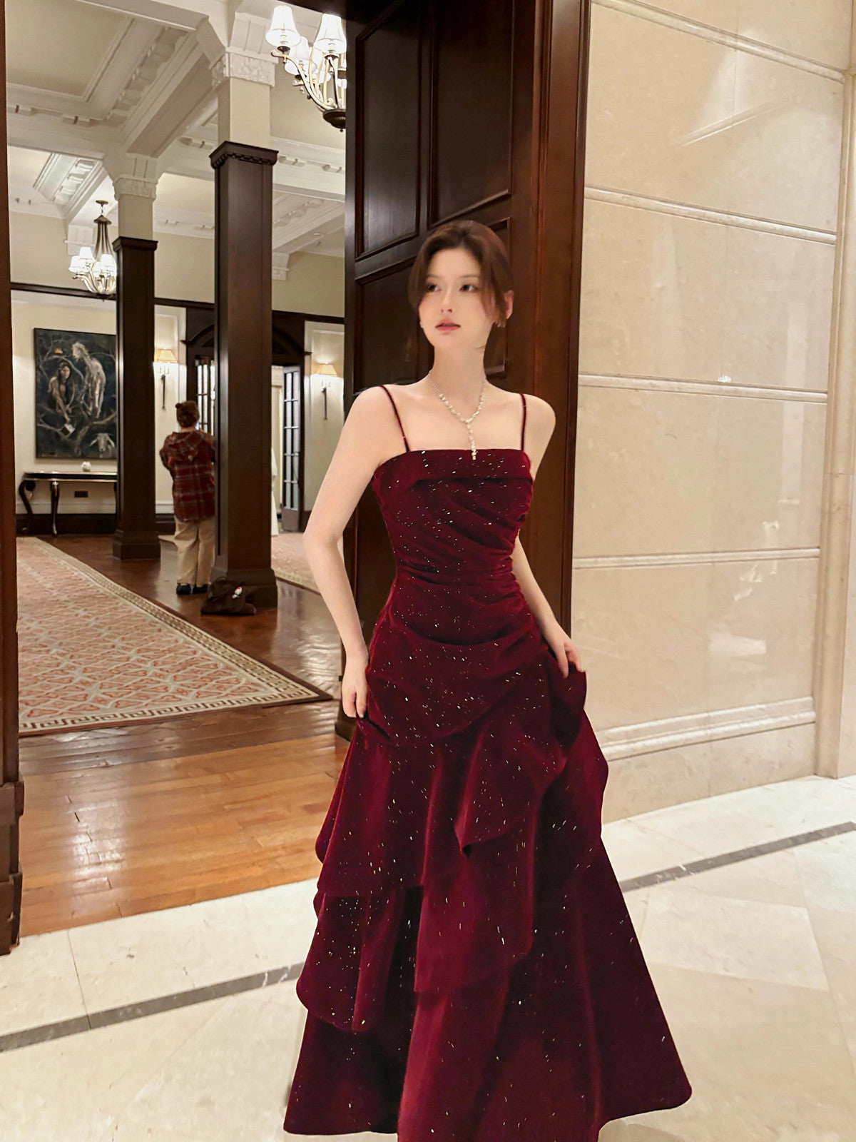 Wine Red Velvet Straps Layers Long Classy Dress, Wine Red Velvet Floor Length Classy Prom Dress Main image
