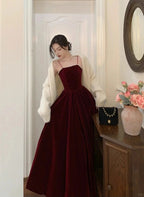 Wine Red Velvet Straps Long Classy Evening Dress, Wine Red Velvet Classy Prom Dress