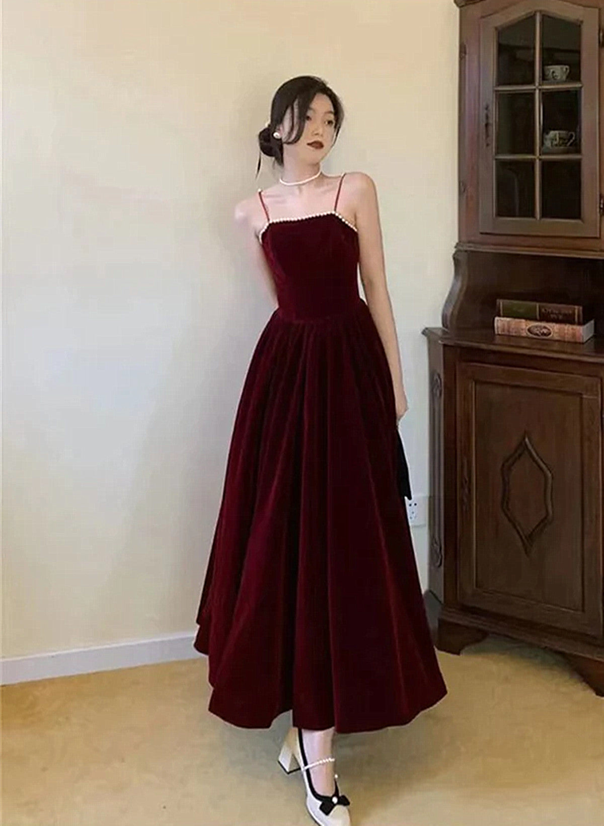 Wine Red Velvet Straps Long Classy Evening Dress, Wine Red Velvet Classy Prom Dress