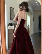 Wine Red Velvet Straps Long Classy Evening Dress, Wine Red Velvet Classy Prom Dress