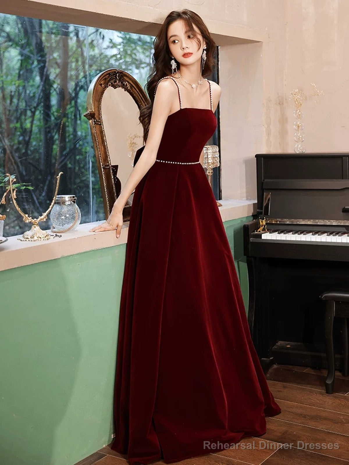 Wine Red Velvet Straps Long Party Dress with Bow, Wine Red Prom Dress Secondary image