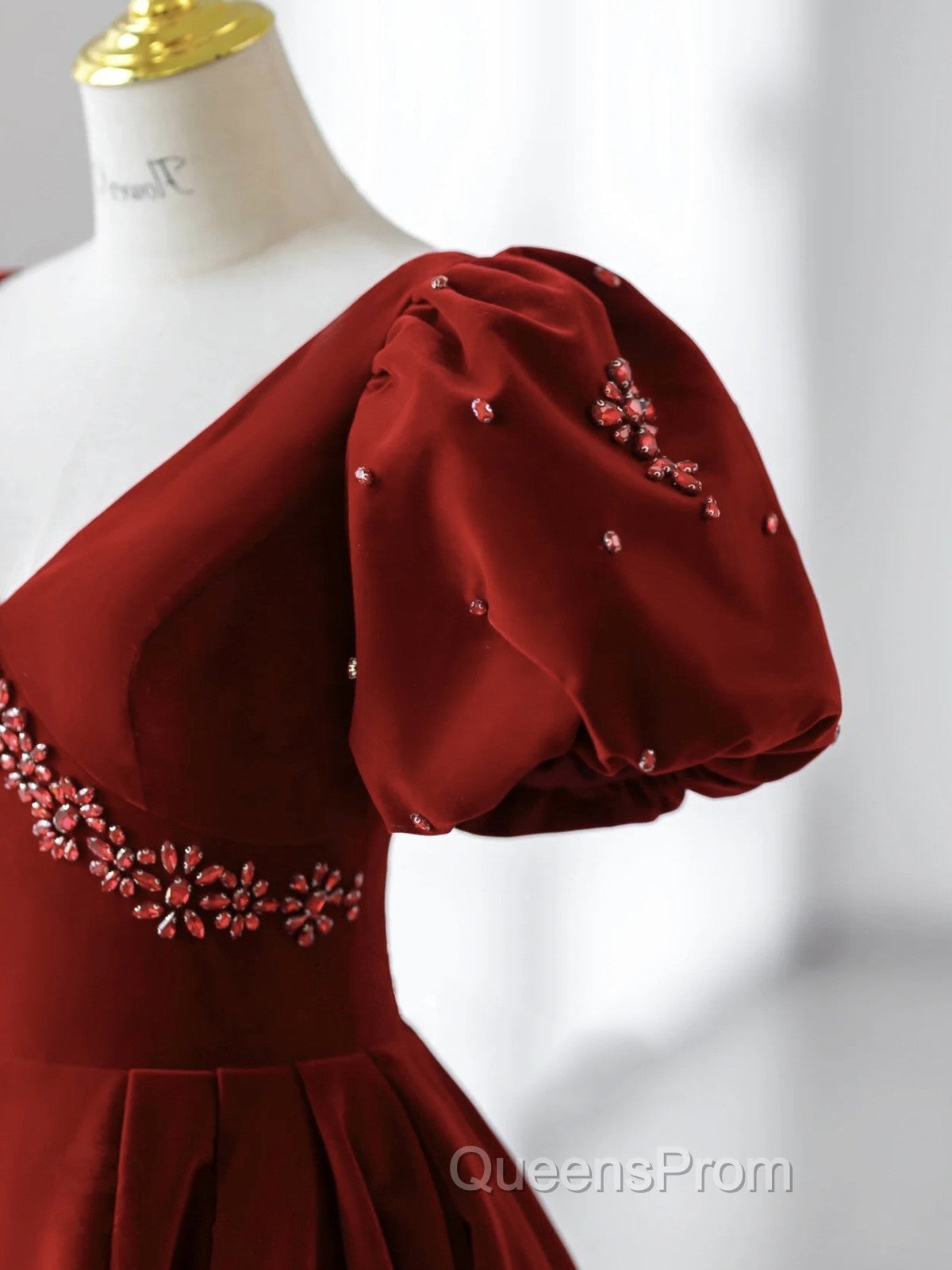 Wine Red Velvet V-Neckline Beaded Short Sleeves Party Dress, Wine Red Long Evening Prom Dress Secondary image