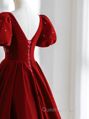 Wine Red Velvet V-Neckline Beaded Short Sleeves Party Dress, Wine Red Long Evening Prom Dress