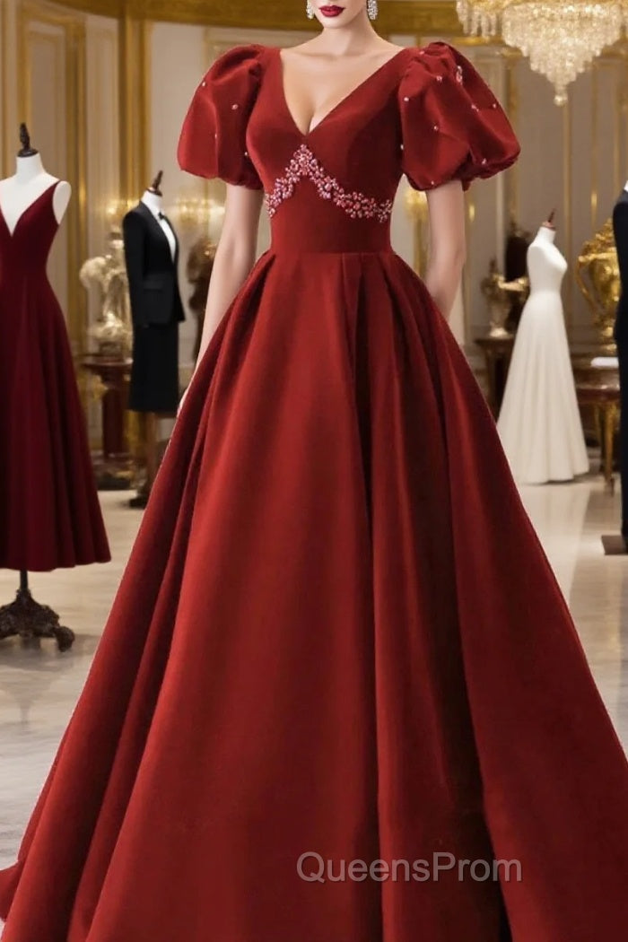Wine Red Velvet V-Neckline Beaded Short Sleeves Party Dress, Wine Red Long Evening Prom Dress Main image