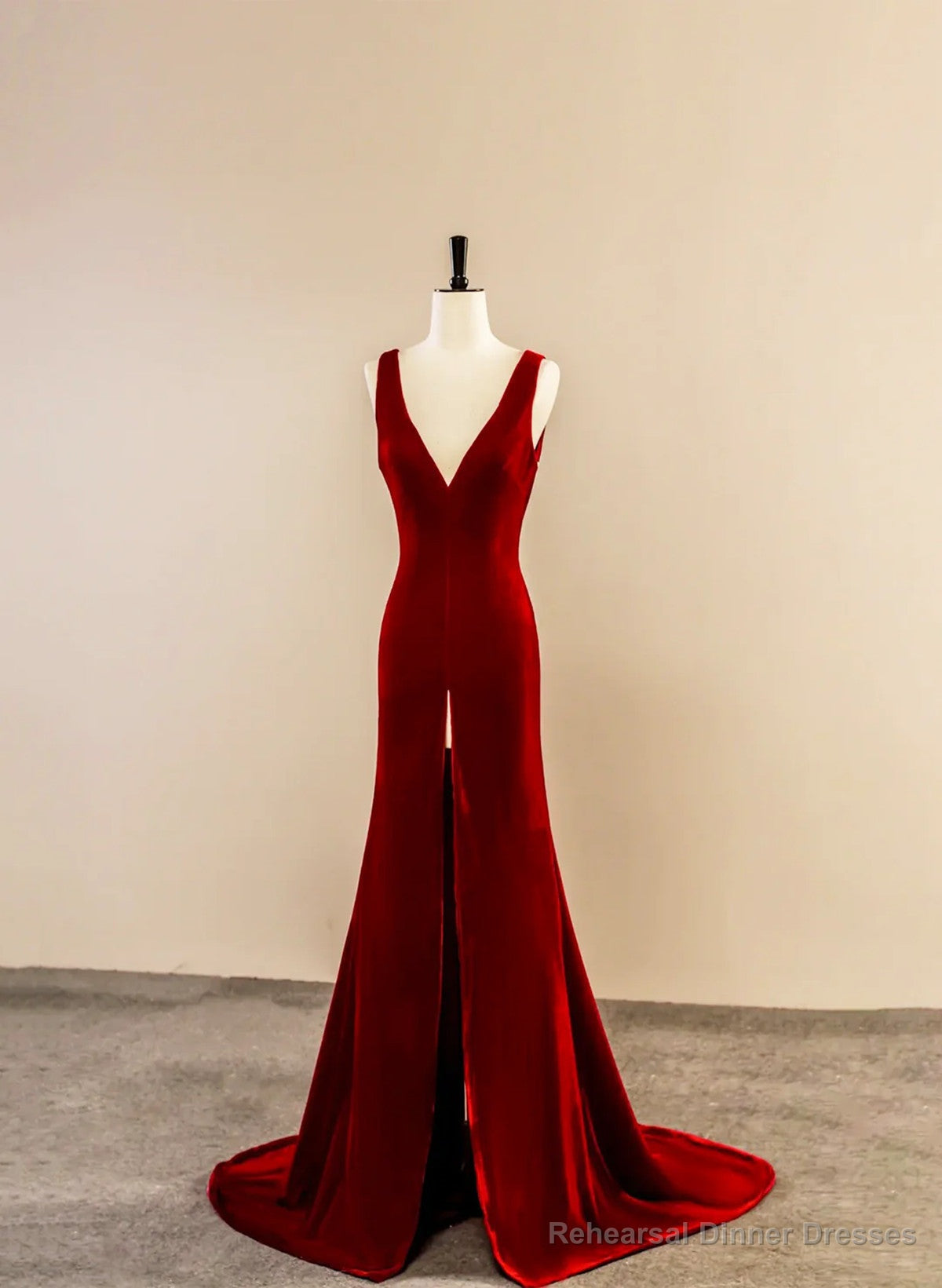 Wine Red Velvet V-neckline Long Party Dress, A-line Velvet Evening Dress with Slit Secondary image
