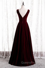 Wine Red Velvet V-Neckline Simple Long Party Dress, Wine Red Bridesmaid Dress