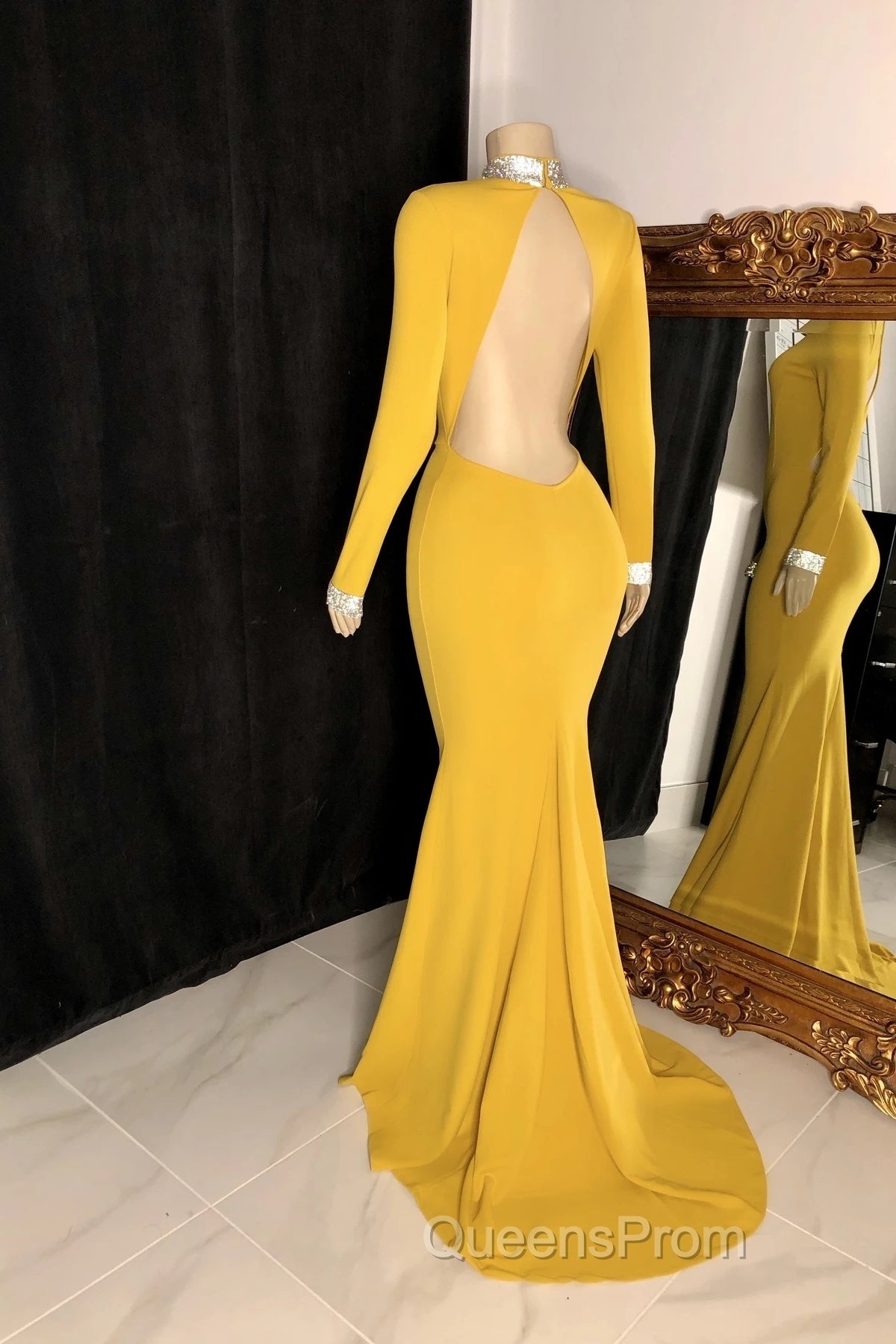 Winter Wedding Guest Dress Long Sleeves High Neck Yellow Evening Prom Dress Secondary image