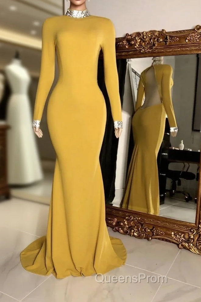 Winter Wedding Guest Dress Long Sleeves High Neck Yellow Evening Prom Dress Main image