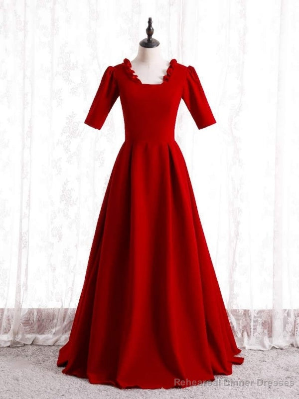 Women Burgundy Satin Short Sleeve Prom Dress Main image