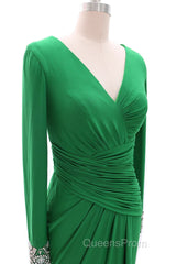 Women Long Mother of Bride Dress Green Grey Long Sleeve V Neck Evening Dress
