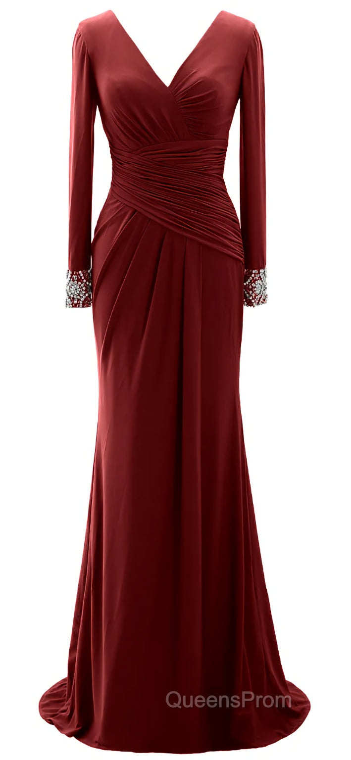 Women Long Mother of Bride Dress Green Grey Long Sleeve V Neck Evening Dress