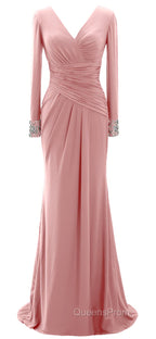 Women Long Mother of Bride Dress Green Grey Long Sleeve V Neck Evening Dress
