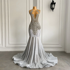 Women Silver Long Mermaid Classy Prom Dress Sexy Sheer Mesh Luxury Sparkly Handmade Diamond Black Girl Classy Prom Classy Gala Gowns