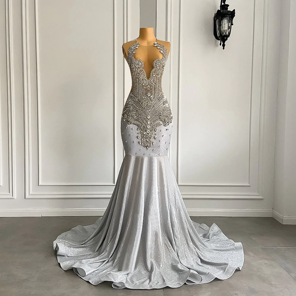 Women Silver Long Mermaid Classy Prom Dress Sexy Sheer Mesh Luxury Sparkly Handmade Diamond Black Girl Classy Prom Classy Gala Gowns