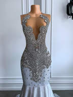 Women Silver Long Mermaid Classy Prom Dress Sexy Sheer Mesh Luxury Sparkly Handmade Diamond Black Girl Classy Prom Classy Gala Gowns