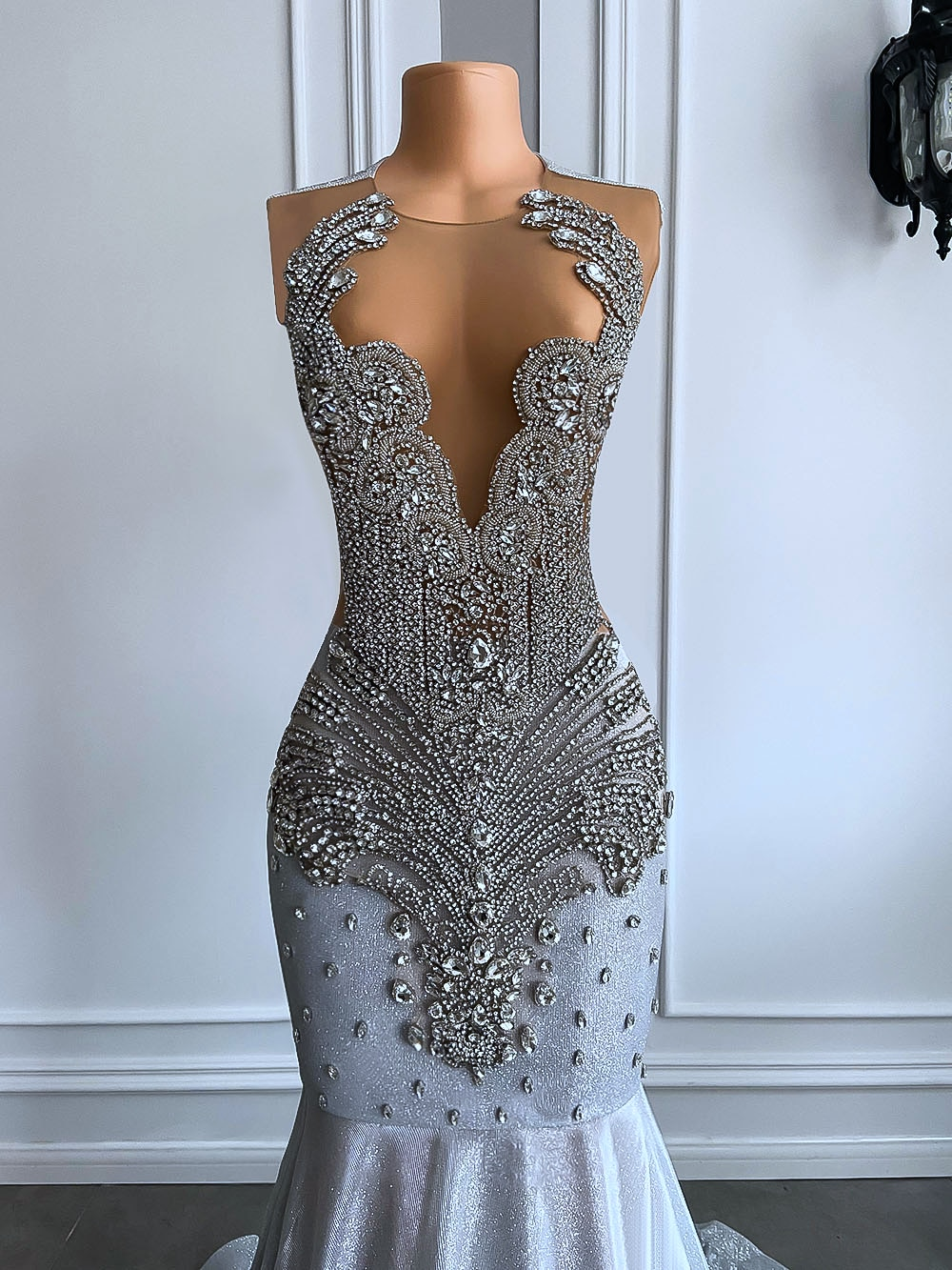 Women Silver Long Mermaid Classy Prom Dress Sexy Sheer Mesh Luxury Sparkly Handmade Diamond Black Girl Classy Prom Classy Gala Gowns