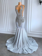 Women Silver Long Mermaid Classy Prom Dress Sexy Sheer Mesh Luxury Sparkly Handmade Diamond Black Girl Classy Prom Classy Gala Gowns