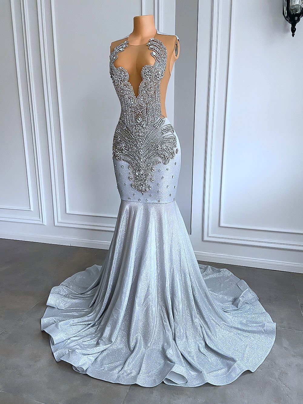 Women Silver Long Mermaid Classy Prom Dress Sexy Sheer Mesh Luxury Sparkly Handmade Diamond Black Girl Classy Prom Classy Gala Gowns