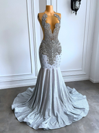 Women Silver Long Mermaid Classy Prom Dress Sexy Sheer Mesh Luxury Sparkly Handmade Diamond Black Girl Classy Prom Classy Gala Gowns