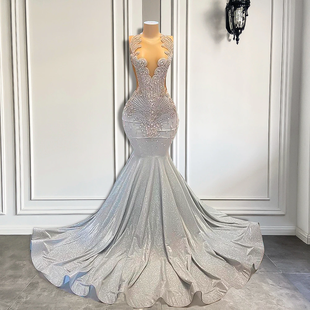Women Silver Long Mermaid Classy Prom Dress Sexy Sheer Mesh Luxury Sparkly Handmade Diamond Black Girl Classy Prom Classy Gala Gowns
