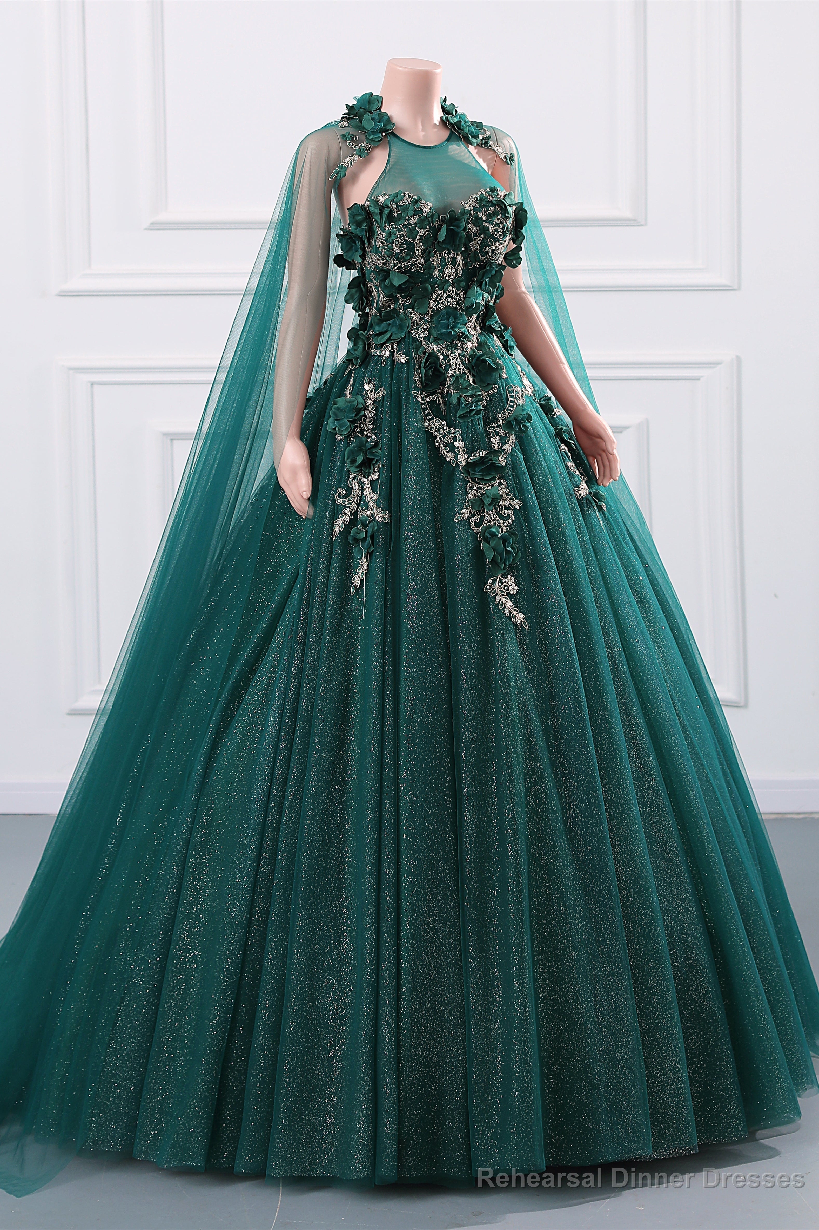 Womens Beaded Applique Tulle Emerald Green Prom Ball Gowns Quinceanera Dress A-Line Wedding Bridesmaid Eveniing Dresses Secondary image