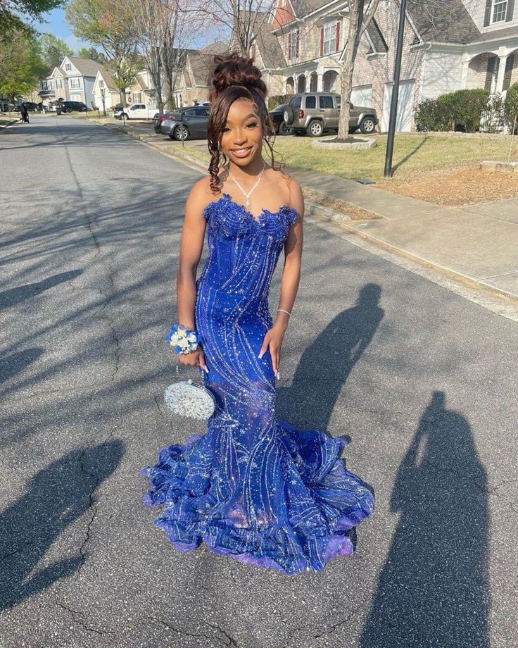 Women'S Mermaid Classy Prom Dress, Sweetheart Sequin Royal Blue Birthday Party Dress