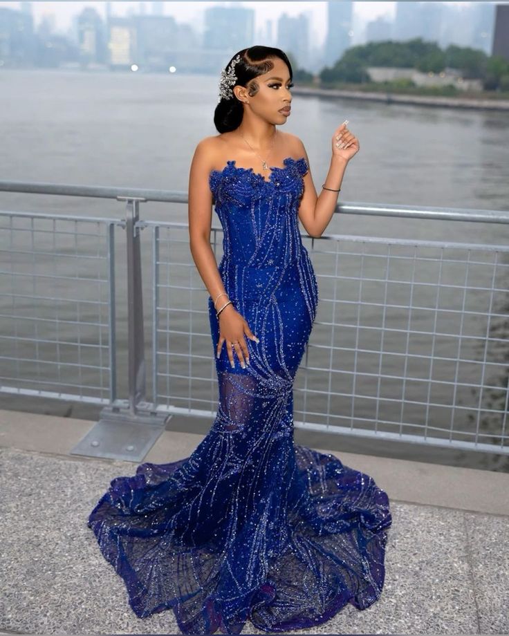 Women'S Mermaid Classy Prom Dress, Sweetheart Sequin Royal Blue Birthday Party Dress
