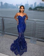 Women'S Mermaid Classy Prom Dress, Sweetheart Sequin Royal Blue Birthday Party Dress