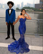 Women'S Mermaid Classy Prom Dress, Sweetheart Sequin Royal Blue Birthday Party Dress