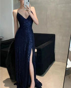 Womens Navy Sequined Slitted Spaghetti Strap V Neck Full-Length Classy Gown Dress