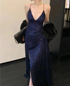 Womens Navy Sequined Slitted Spaghetti Strap V Neck Full-Length Classy Gown Dress