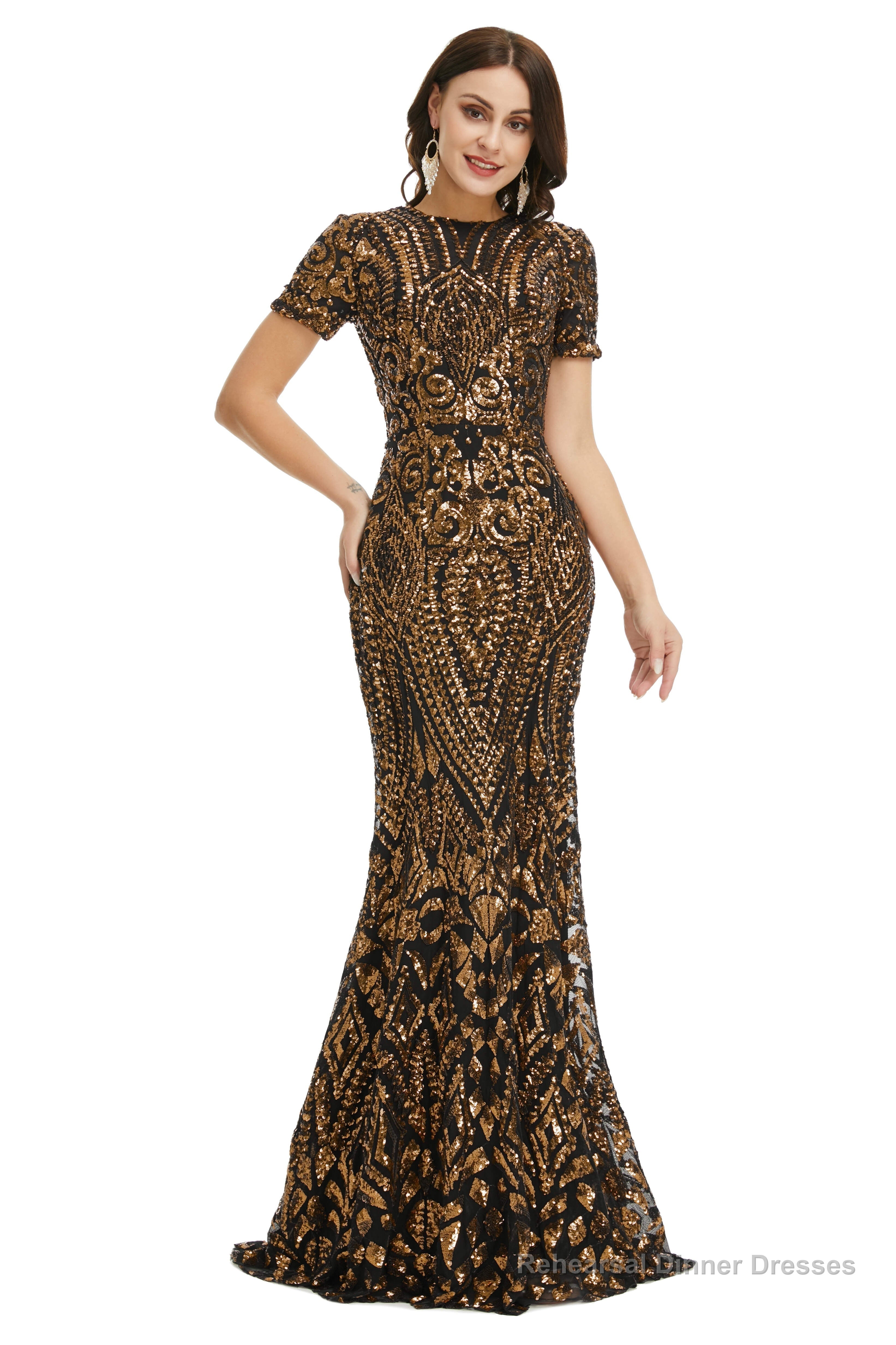 Short Sleeves Sequins A-Line Formal Evening Dress
