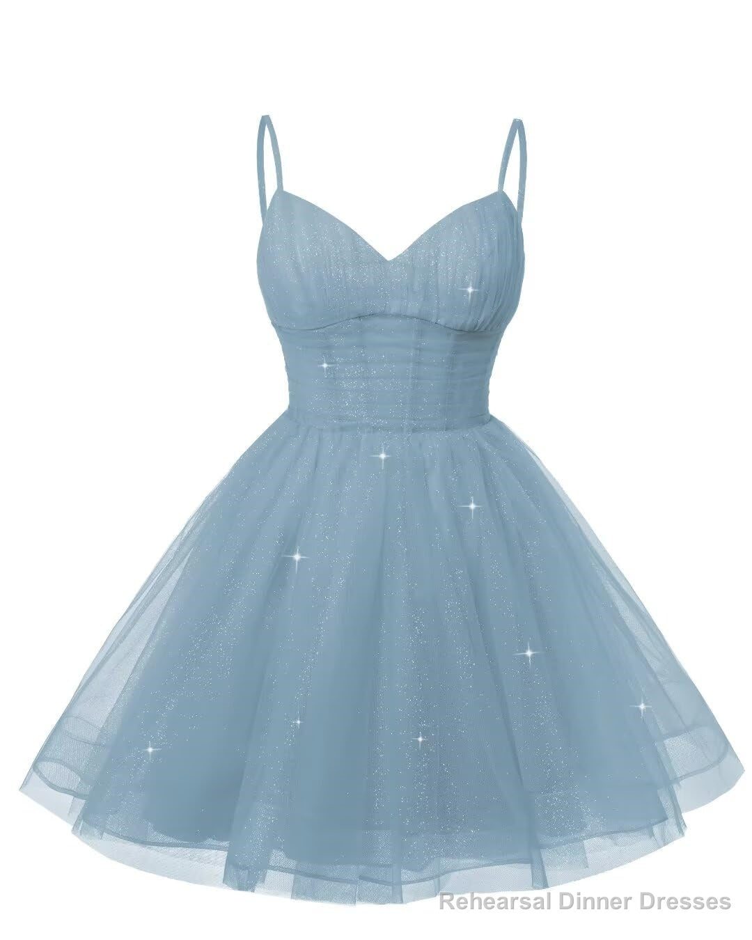Womens V Neck Tulle Spaghetti Straps Dusty Blue Homecoming Dresses with Corset Back Short Prom Gowns for Teens Main image