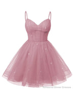 Womens V Neck Tulle Spaghetti Straps Dusty Rose Homecoming Dresses with Corset Back Short Prom Gowns for Teens
