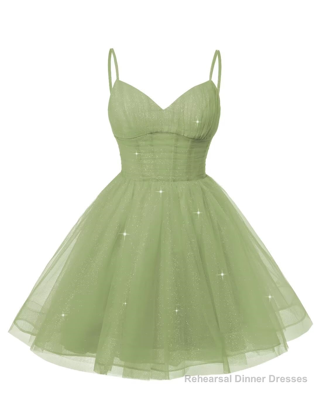 Womens V Neck Tulle Spaghetti Straps Dusty Sage Homecoming Dresses with Corset Back Short Prom Gowns for Teens Secondary image