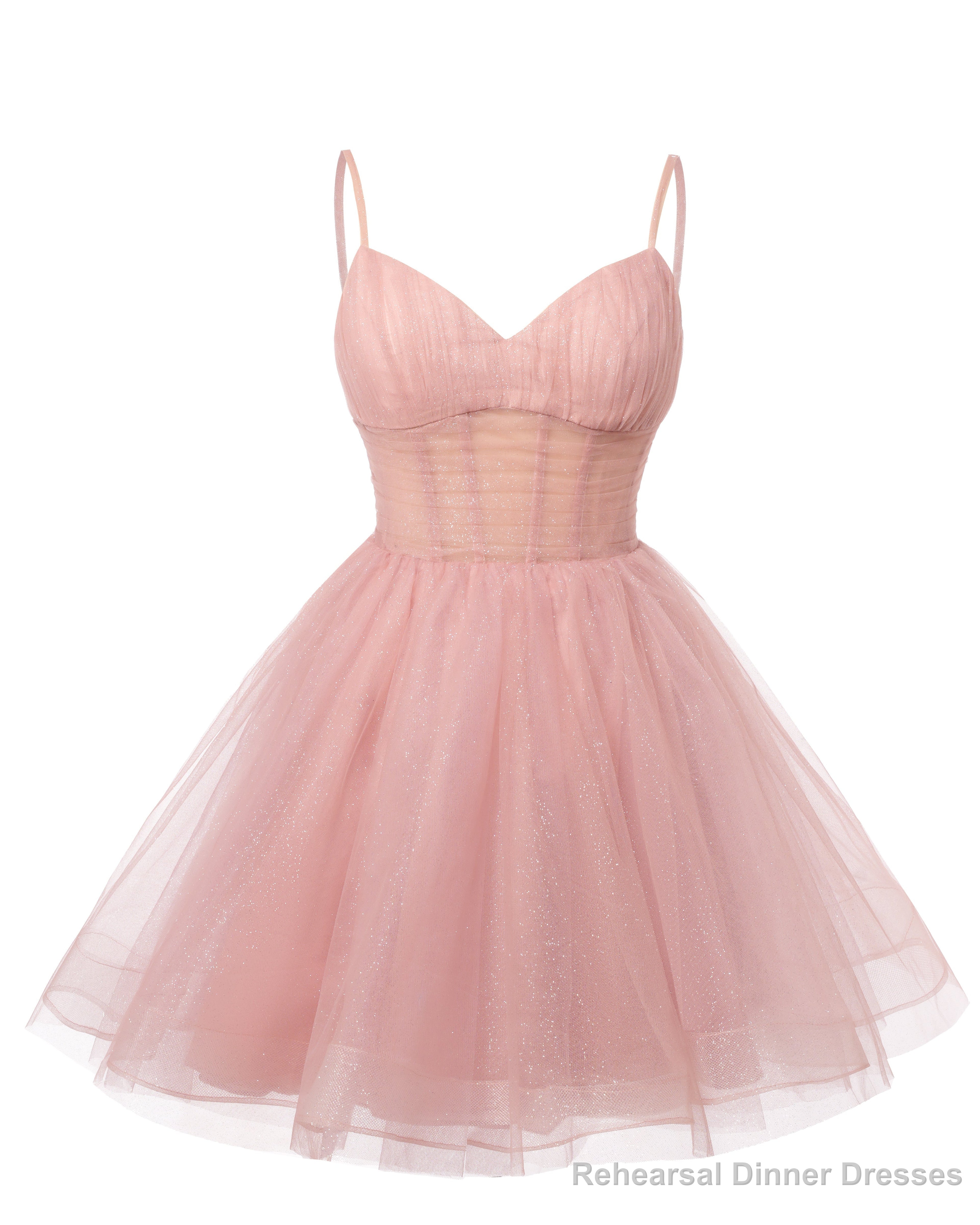Womens V Neck Tulle Spaghetti Straps Hot Pink Homecoming Dresses with Corset Back Short Prom Gowns for Teens